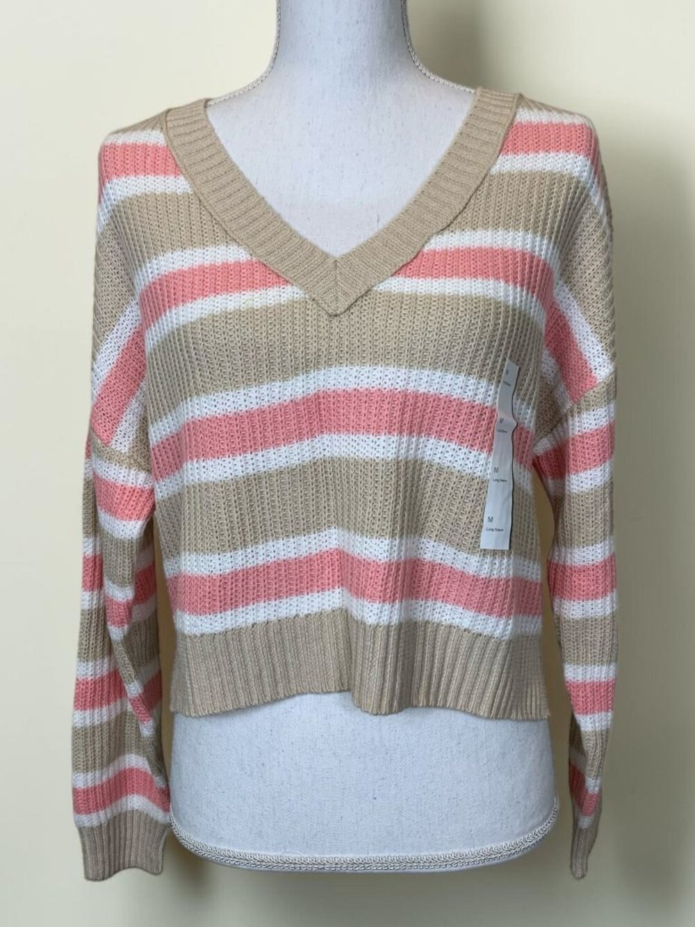 Wild Fable Striped V-Neck Cropped Sweater Pink Tan White Size M NWT